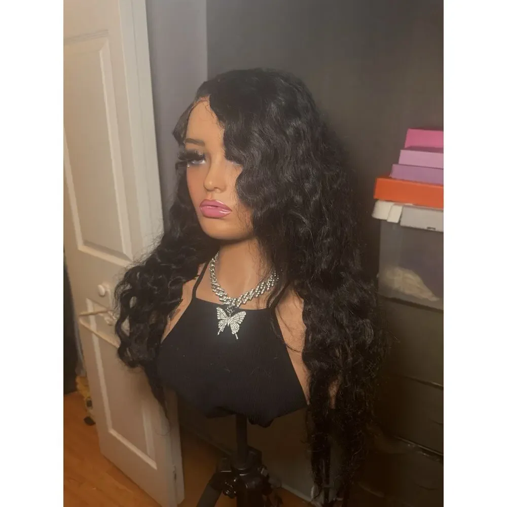 100% Human Hair Wig 13x6 Lace Front Black Wavy Pre-Plucked Customized
